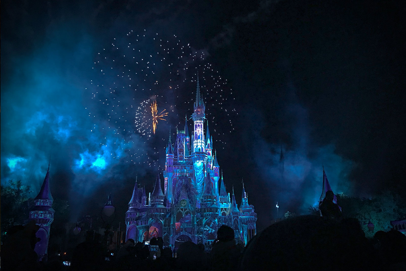 Disney castle at night with fireworks in sky.